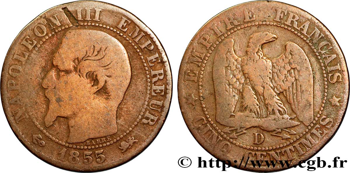 Cinq centimes Napoléon III, tête nue 1855 Lyon F.116/23 B12 