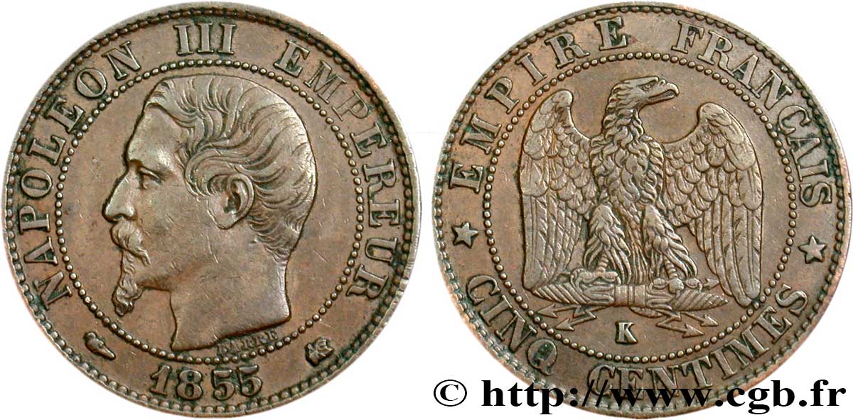 Cinq centimes Napoléon III, tête nue 1855 Bordeaux F.116/24 SS48 