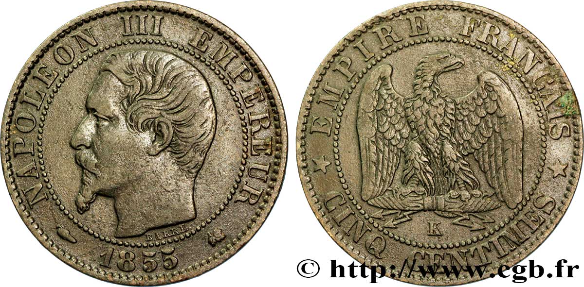 Cinq centimes Napoléon III, tête nue 1855 Bordeaux F.116/24 TTB40 