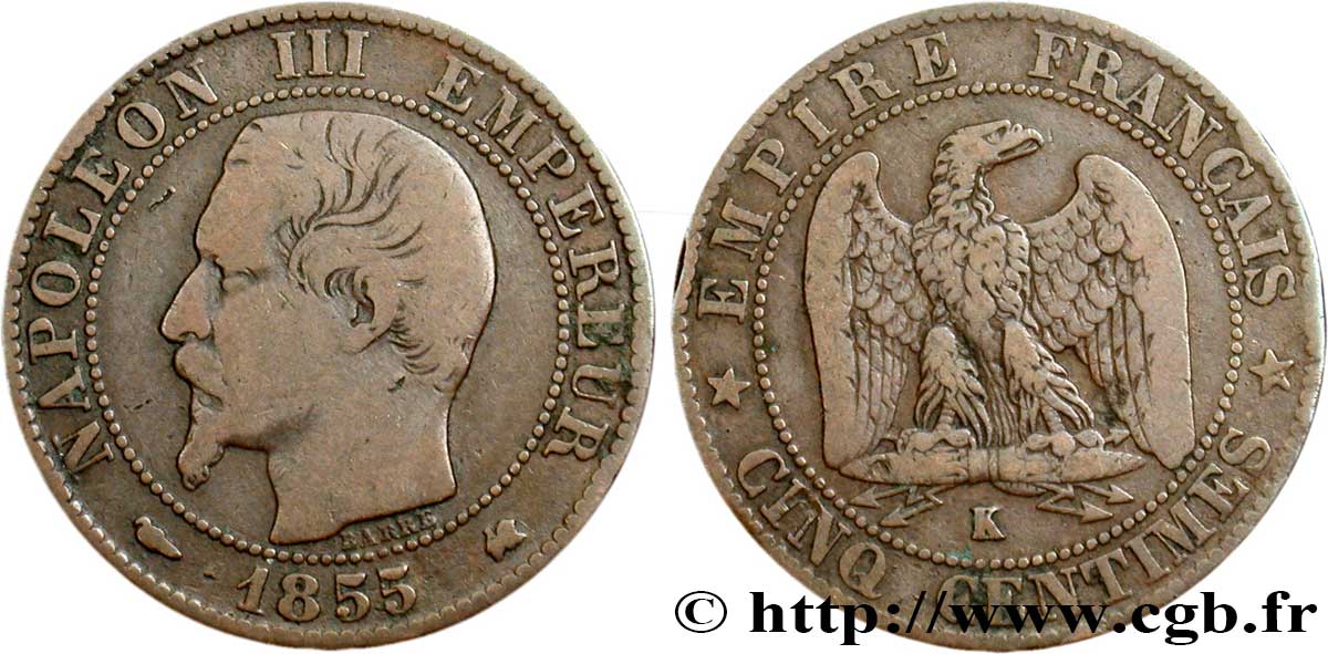 Cinq centimes Napoléon III, tête nue 1855 Bordeaux F.116/24 B12 
