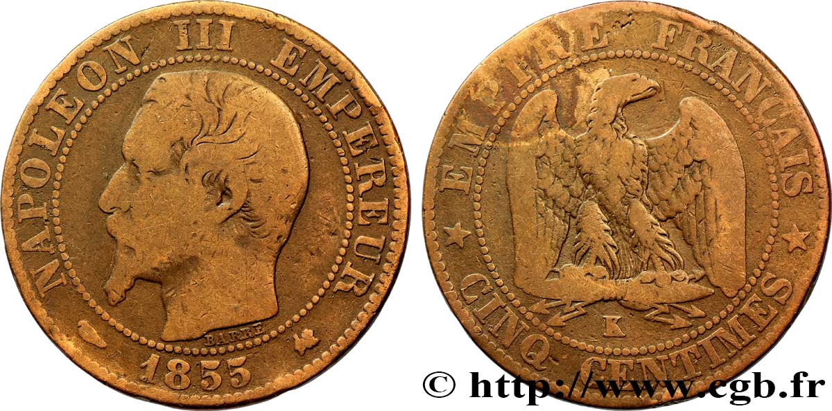 Cinq centimes Napoléon III, tête nue 1855 Bordeaux F.116/24 SGE8 