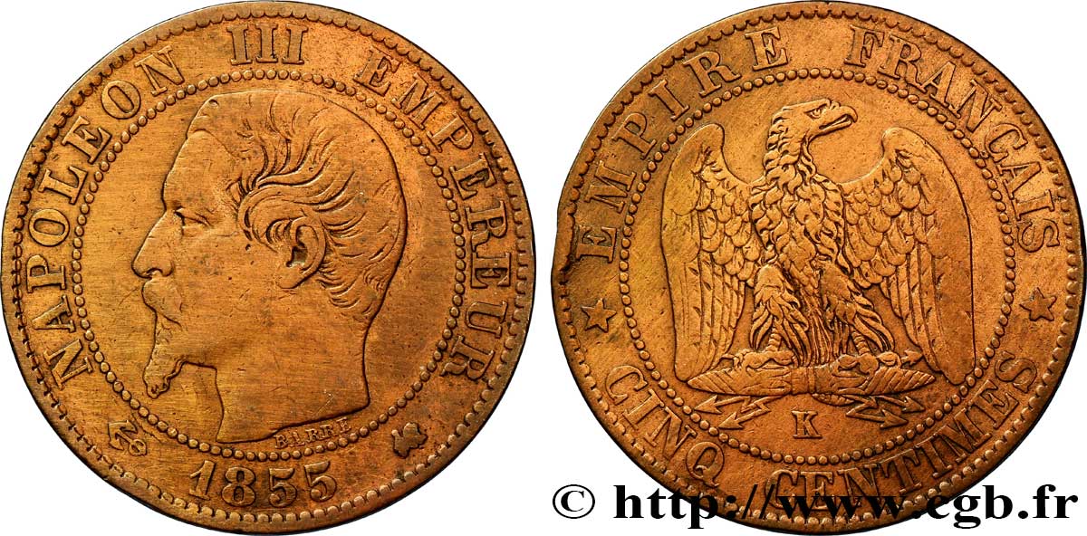 Cinq centimes Napoléon III, tête nue 1855 Bordeaux F.116/25 TTB40 