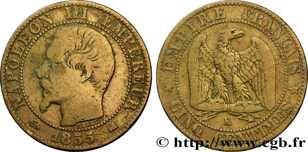 Cinq centimes Napoléon III, tête nue 1855 Bordeaux F.116/25 B12 