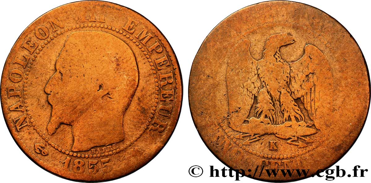 Cinq centimes Napoléon III, tête nue 1855 Bordeaux F.116/25 VG8 