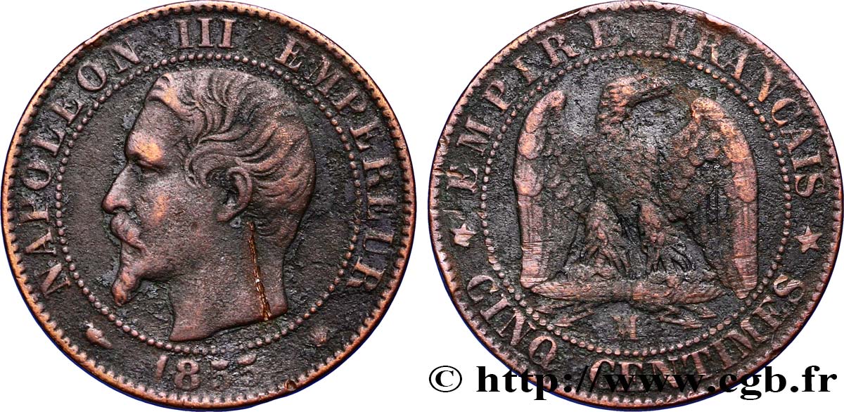 Cinq centimes Napoléon III, tête nue 1855 Marseille F.116/26 MB 