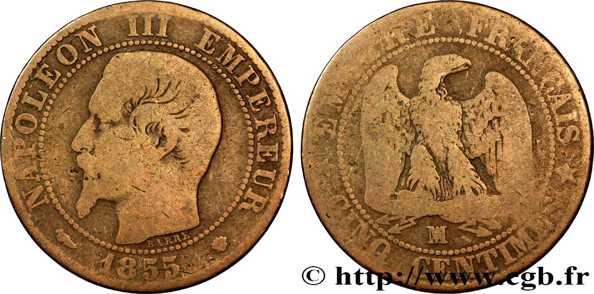 Cinq centimes Napoléon III, tête nue 1855 Marseille F.116/26 SGE8 
