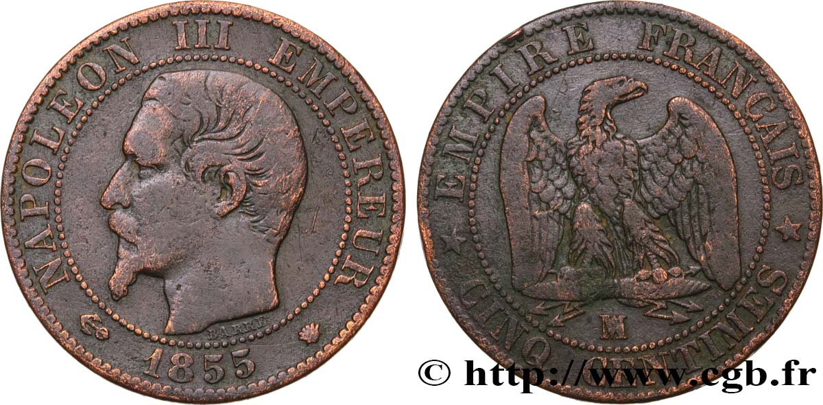 Cinq centimes Napoléon III, tête nue 1855 Marseille F.116/27 BC25 