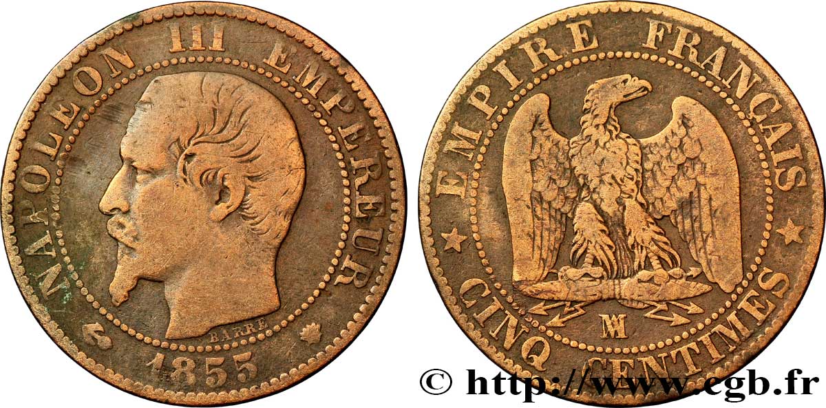 Cinq centimes Napoléon III, tête nue 1855 Marseille F.116/27 B12 