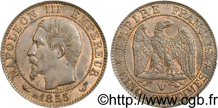 Cinq centimes Napoléon III, tête nue 1855 Lille F.116/28 SUP60 