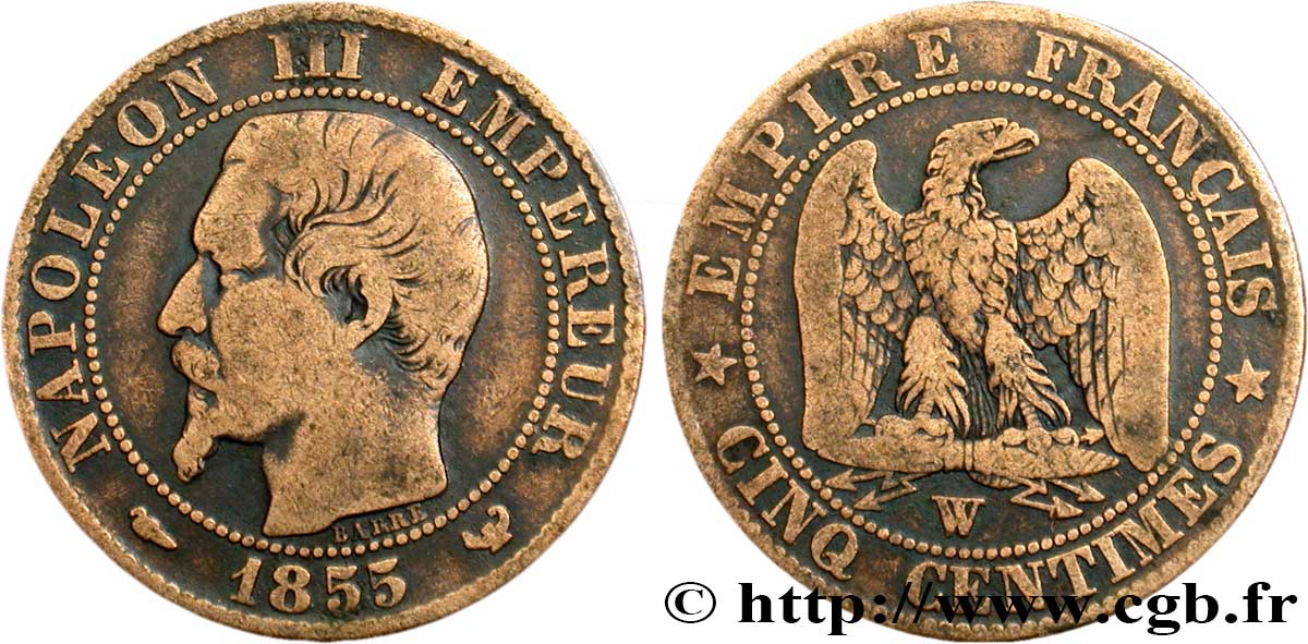 Cinq centimes Napoléon III, tête nue 1855 Lille F.116/28 BC20 
