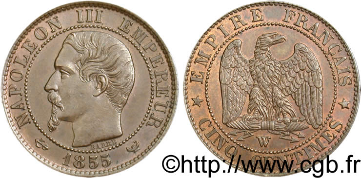 Cinq centimes Napoléon III, tête nue, différent ancre 1855 Lille F.116/29 SUP60 
