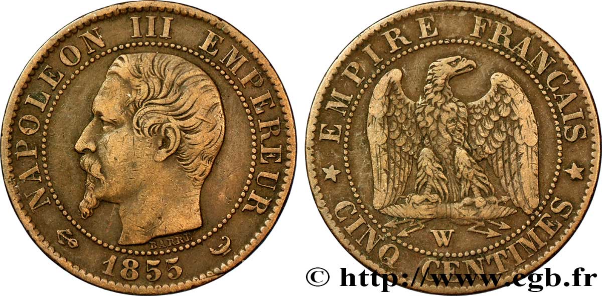 Cinq centimes Napoléon III, tête nue 1855 Lille F.116/29 TB35 