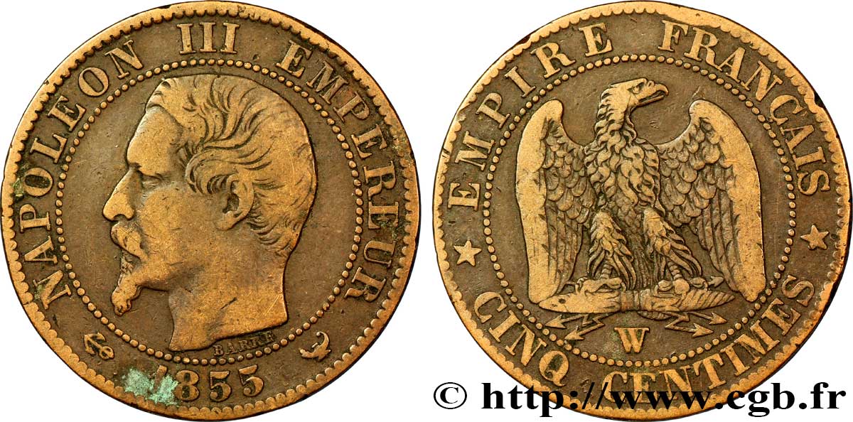 Cinq centimes Napoléon III, tête nue 1855 Lille F.116/29 VF20 