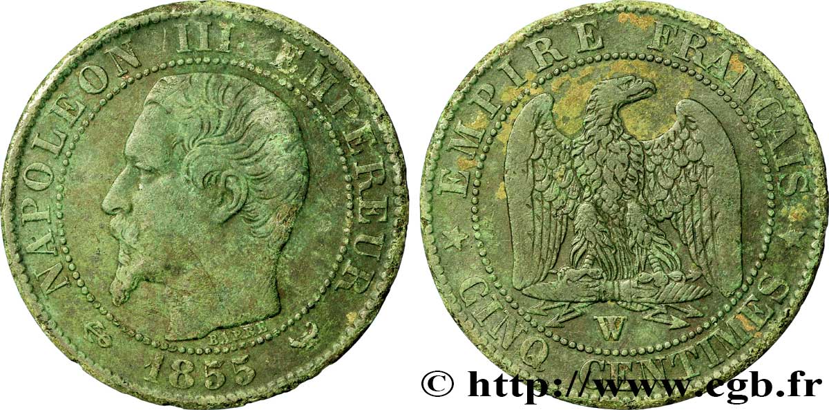 Cinq centimes Napoléon III, tête nue 1855 Lille F.116/29 B12 