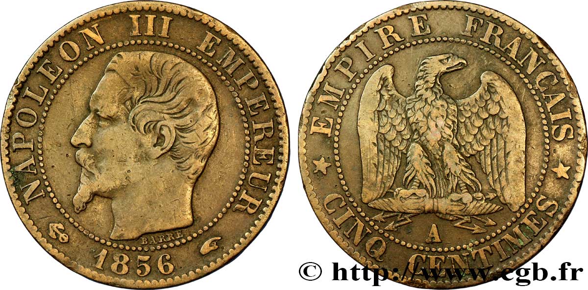 Cinq centimes Napoléon III, tête nue 1856 Paris F.116/30 TB35 