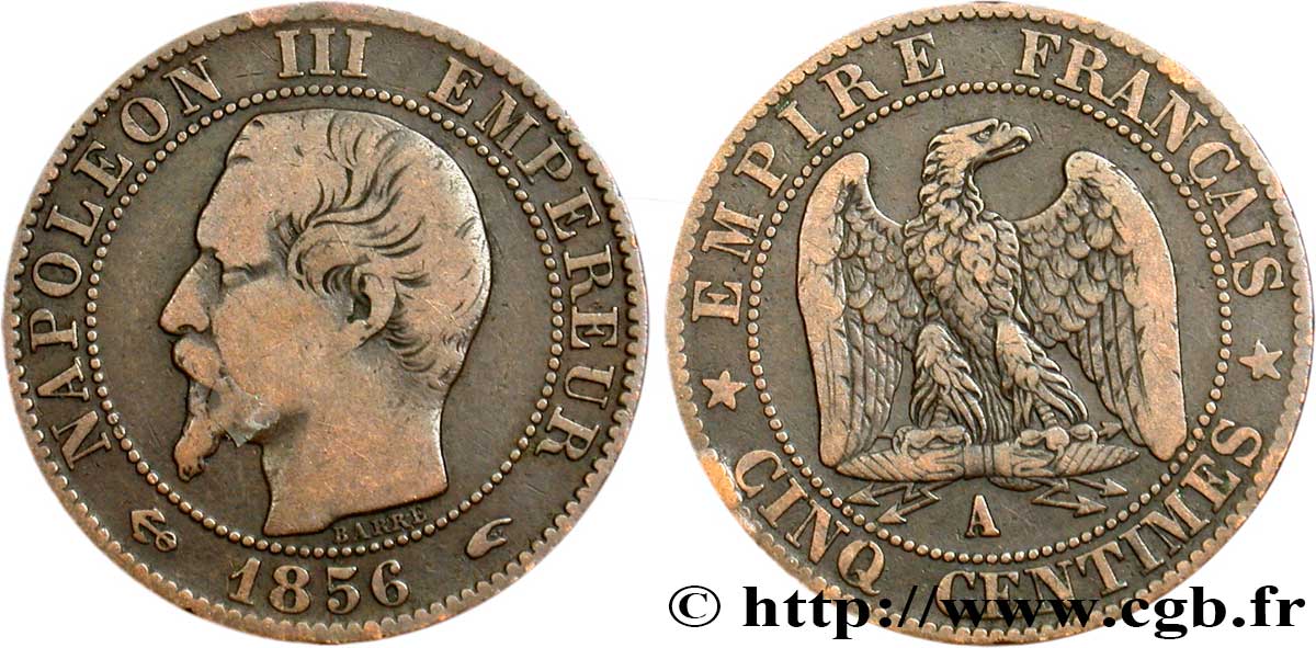 Cinq centimes Napoléon III, tête nue 1856 Paris F.116/30 VF20 