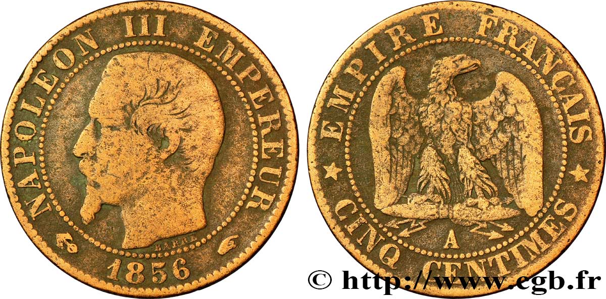 Cinq centimes Napoléon III, tête nue 1856 Paris F.116/30 B12 