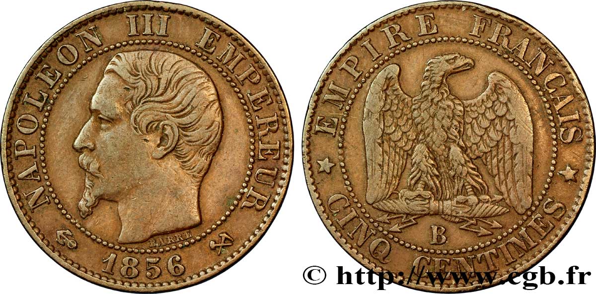Cinq centimes Napoléon III, tête nue 1856 Rouen F.116/31 TTB45 