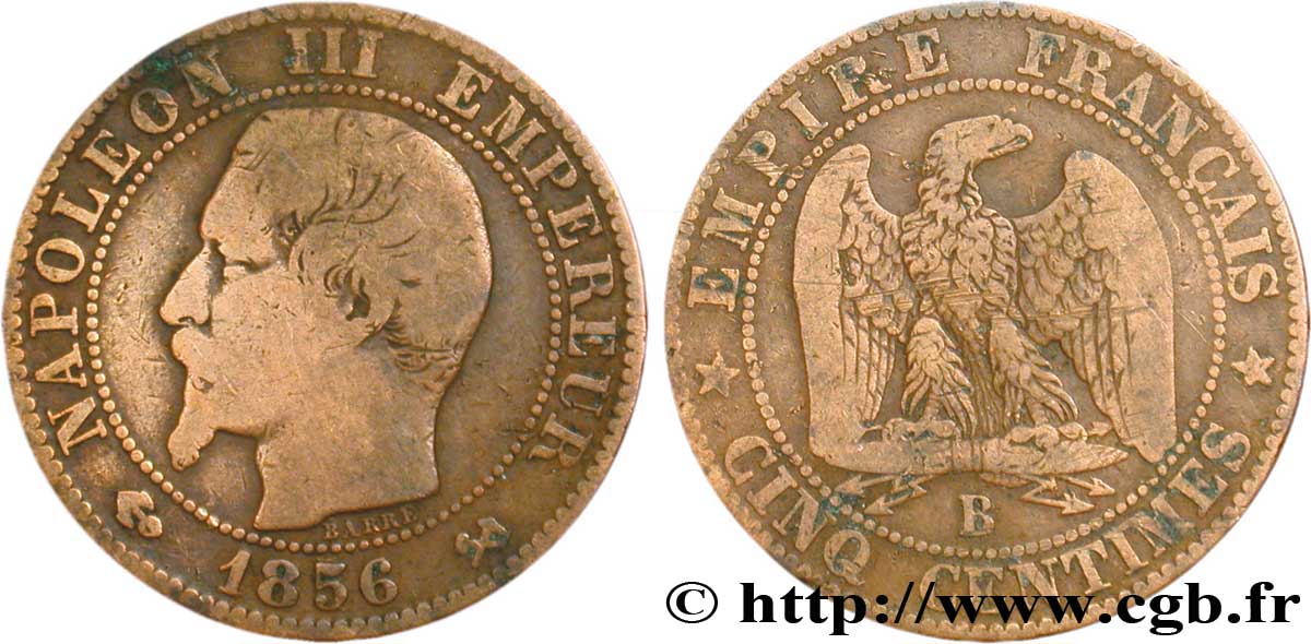 Cinq centimes Napoléon III, tête nue 1856 Rouen F.116/31 F12 