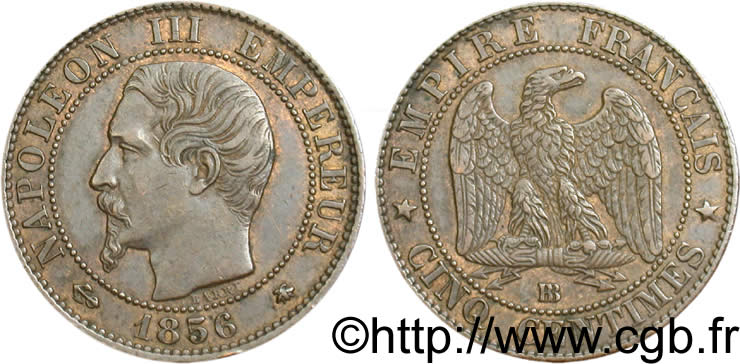 Cinq centimes Napoléon III, tête nue 1856 Strasbourg F.116/32 AU50 