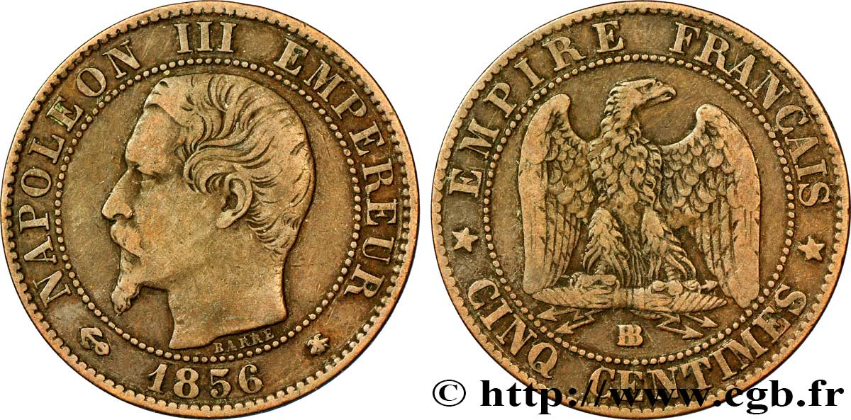 Cinq centimes Napoléon III, tête nue 1856 Strasbourg F.116/32 VF35 