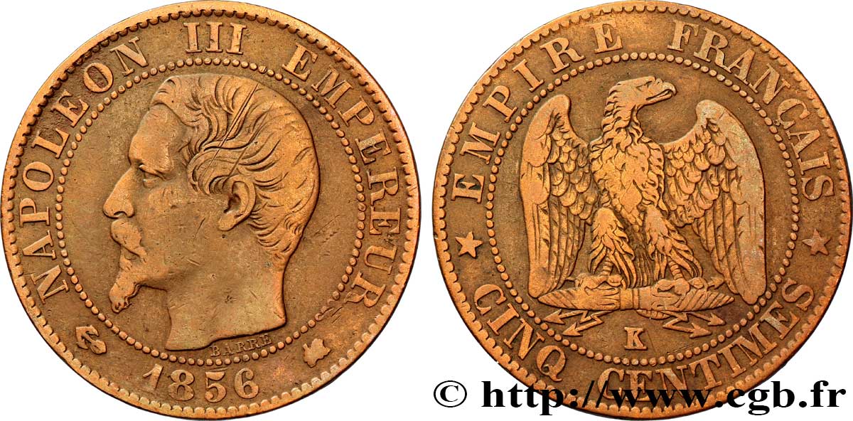 Cinq centimes Napoléon III, tête nue 1856 Bordeaux F.116/34 BC35 