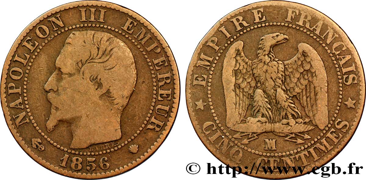 Cinq centimes Napoléon III, tête nue 1856 Marseille F.116/35 TB20 