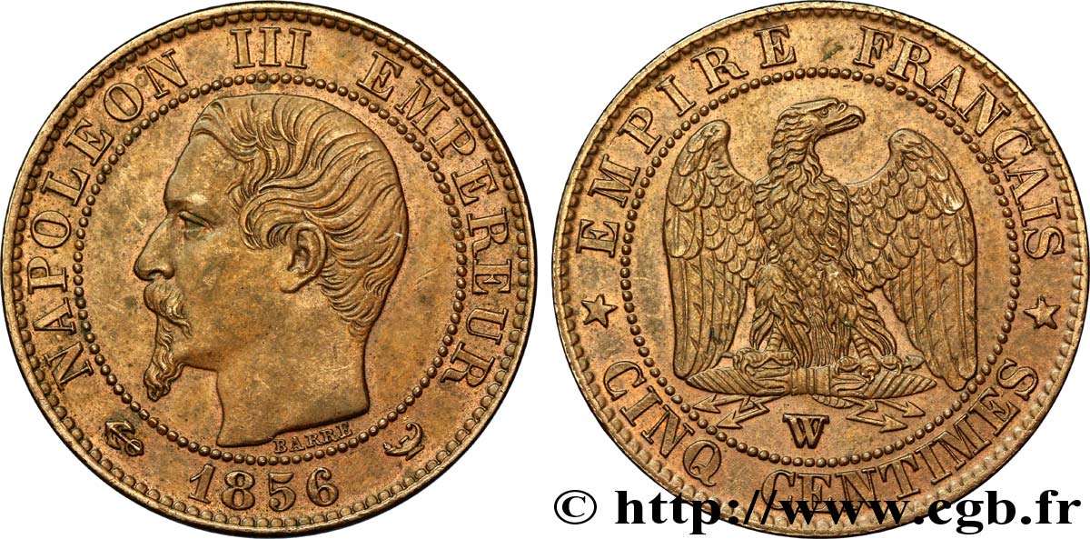 Cinq centimes Napoléon III, tête nue 1856 Lille F.116/36 AU55 