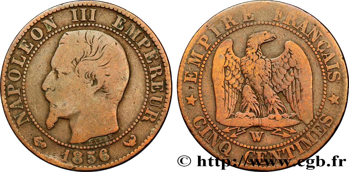 Cinq centimes Napoléon III, tête nue 1856 Lille F.116/36 B12 