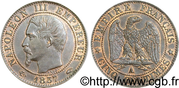 Cinq centimes Napoléon III, tête nue 1857 Paris F.116/37 VZ58 