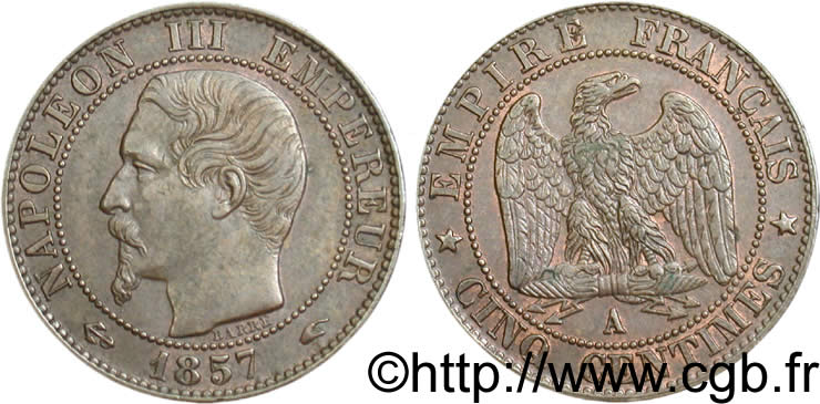 Cinq centimes Napoléon III, tête nue 1857 Paris F.116/37 SUP55 