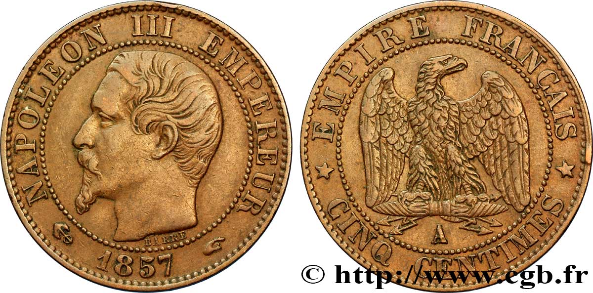 Cinq centimes Napoléon III, tête nue 1857 Paris F.116/37 XF48 