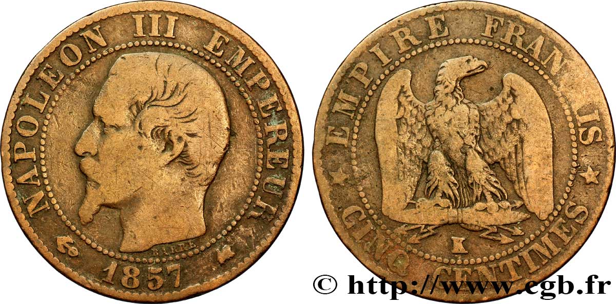 Cinq centimes Napoléon III, tête nue 1857 Bordeaux F.116/41 B12 