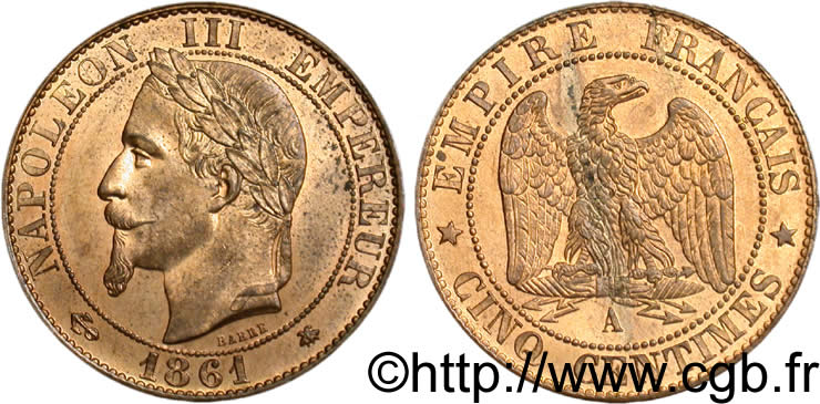 Cinq centimes Napoléon III, tête laurée 1861 Paris F.117/4 fST63 