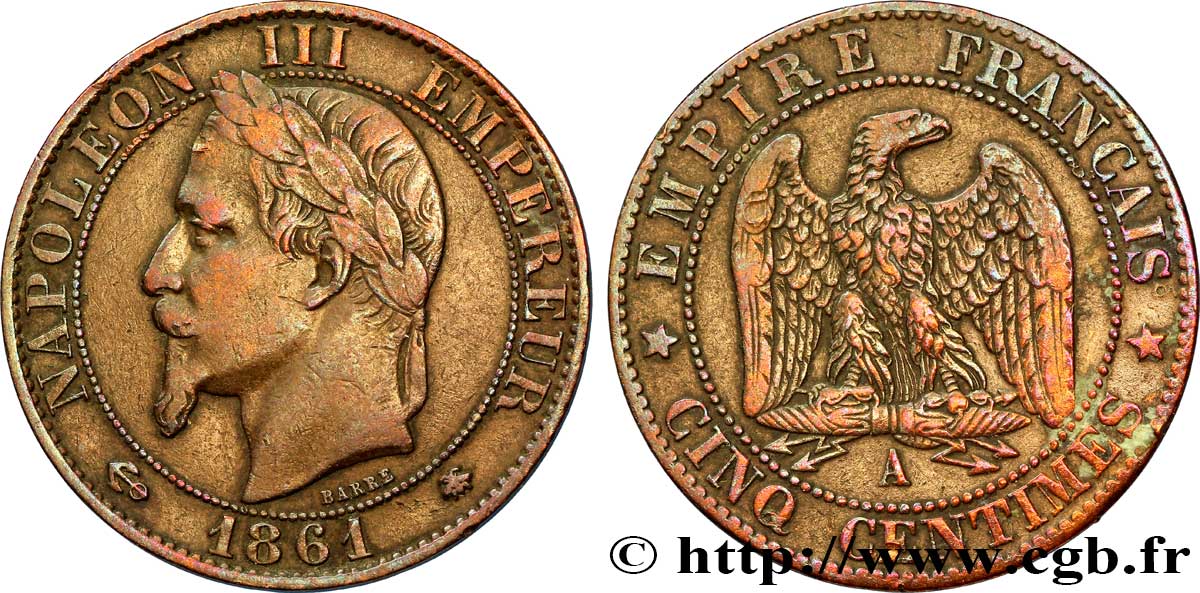 Cinq centimes Napoléon III, tête laurée 1861 Paris F.117/4 SS45 