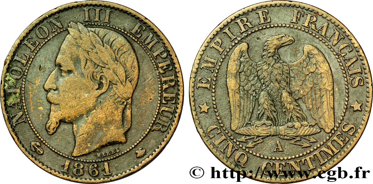 Cinq centimes Napoléon III, tête laurée 1861 Paris F.117/4 TB20 