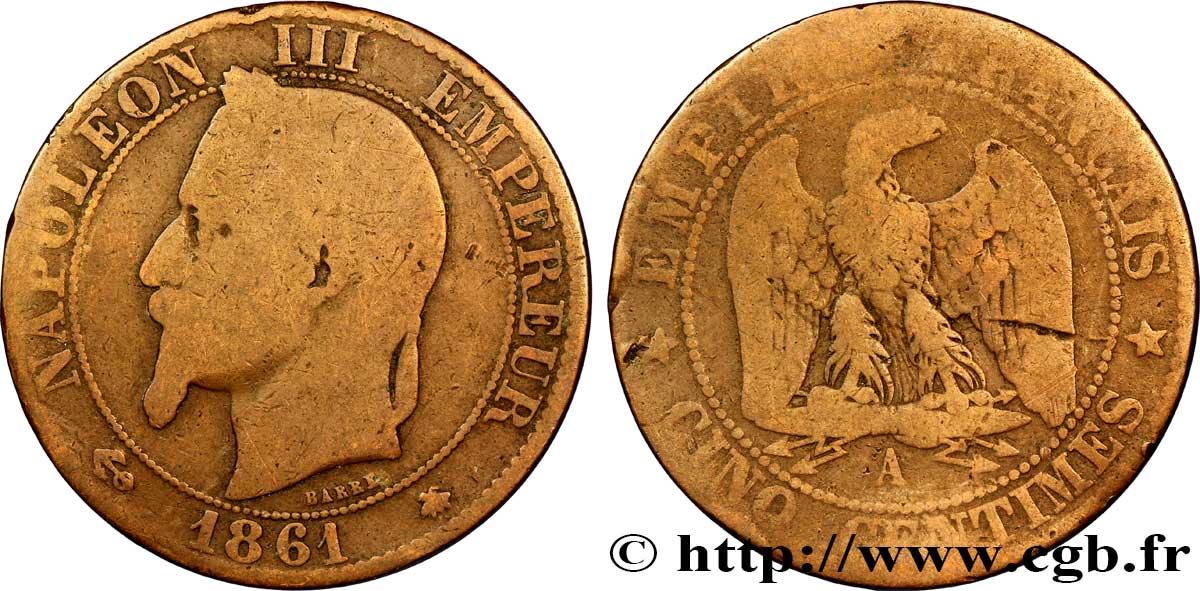 Cinq centimes Napoléon III, tête laurée 1861 Paris F.117/4 SGE8 