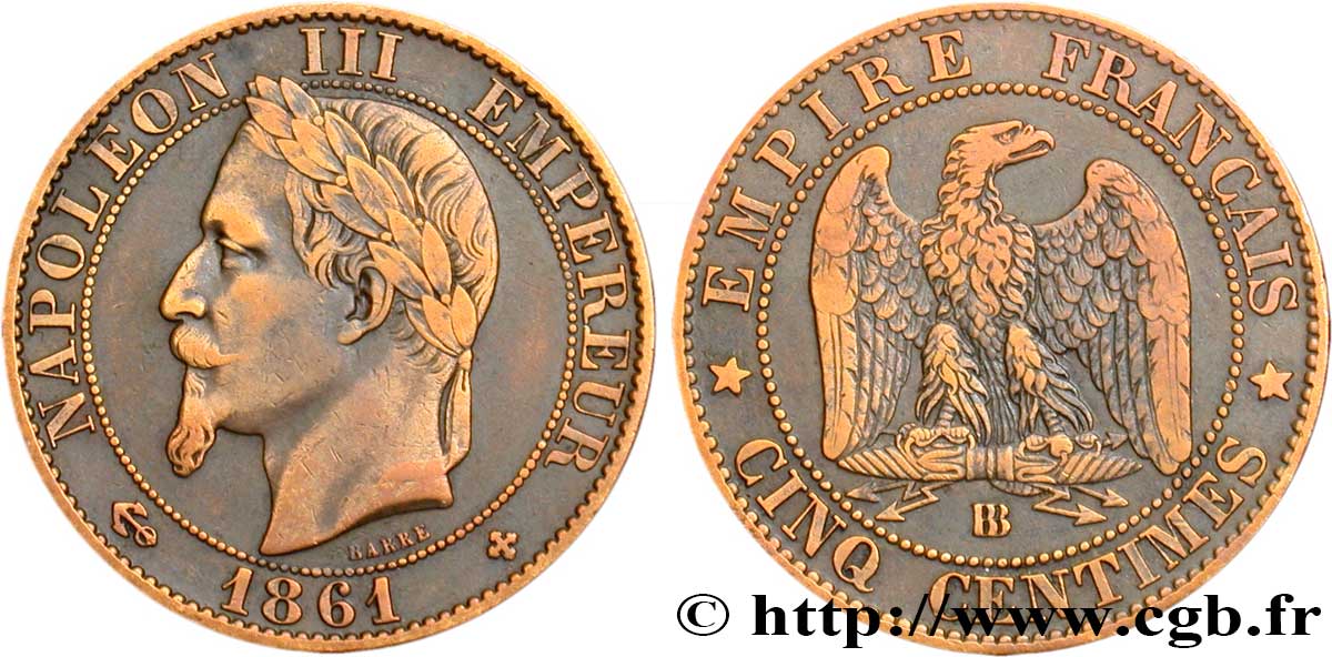 Cinq centimes Napoléon III, tête laurée 1861 Strasbourg F.117/5 TTB48 
