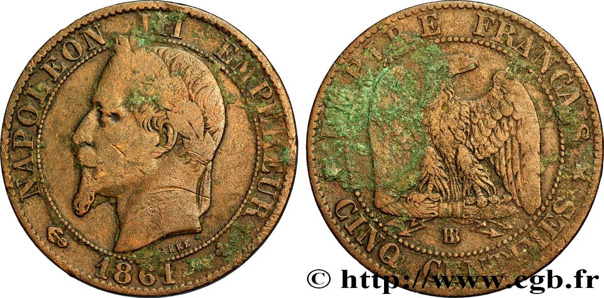 Cinq centimes Napoléon III, tête laurée 1861 Strasbourg F.117/5 B12 