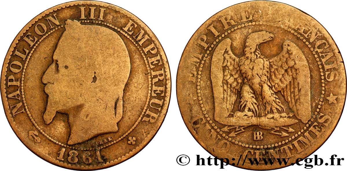 Cinq centimes Napoléon III, tête laurée 1861 Strasbourg F.117/5 B8 