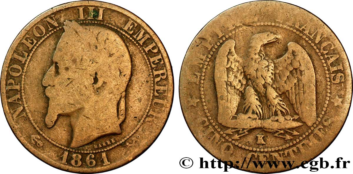 Cinq centimes Napoléon III, tête laurée 1861 Bordeaux F.117/6 B8 