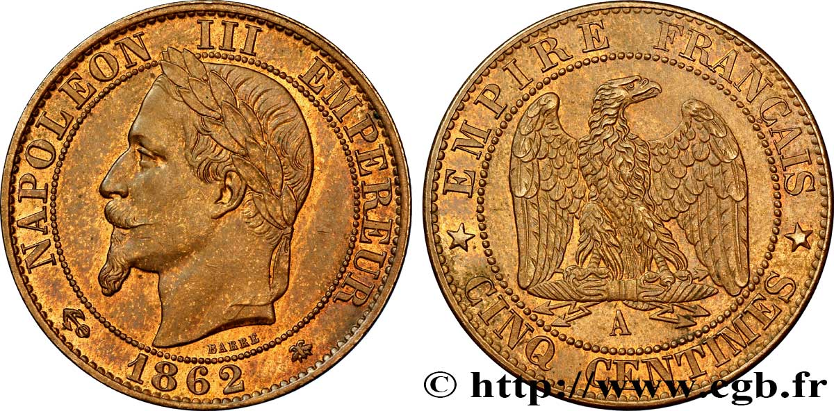 Cinq centimes Napoléon III, tête laurée 1862 Paris F.117/7 EBC58 
