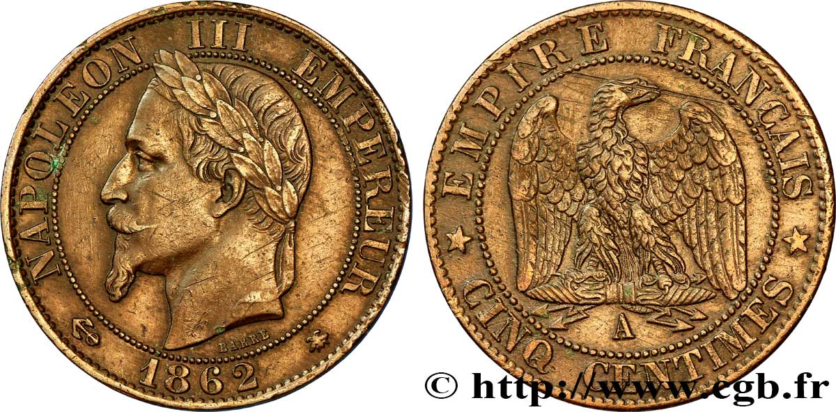 Cinq centimes Napoléon III, tête laurée 1862 Paris F.117/7 TTB48 