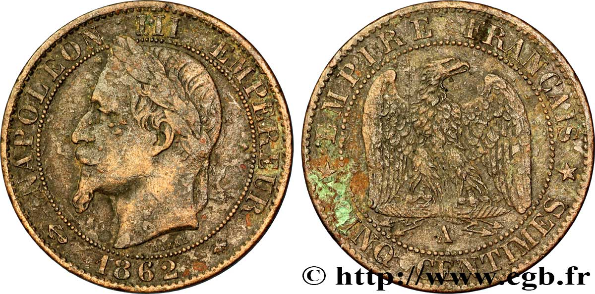 Cinq centimes Napoléon III, tête laurée 1862 Paris F.117/7 TB35 