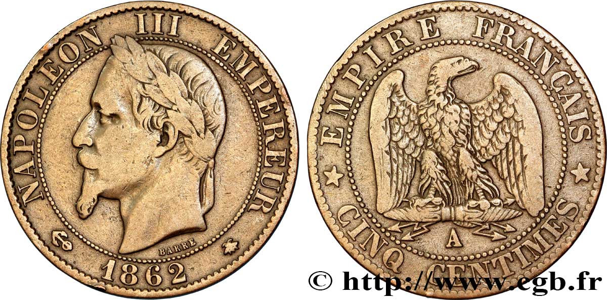 Cinq centimes Napoléon III, tête laurée 1862 Paris F.117/7 TB20 