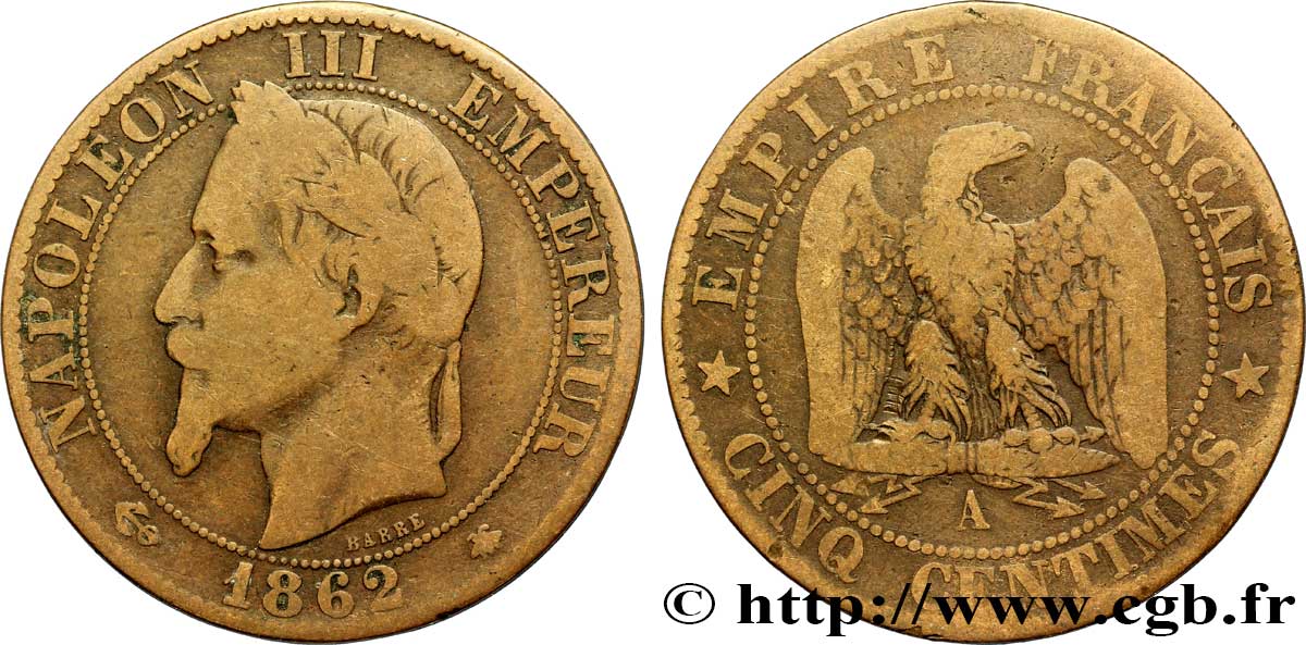 Cinq centimes Napoléon III, tête laurée 1862 Paris F.117/7 VG8 