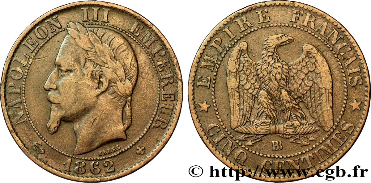 Cinq centimes Napoléon III, tête laurée 1862 Strasbourg F.117/8 TTB40 