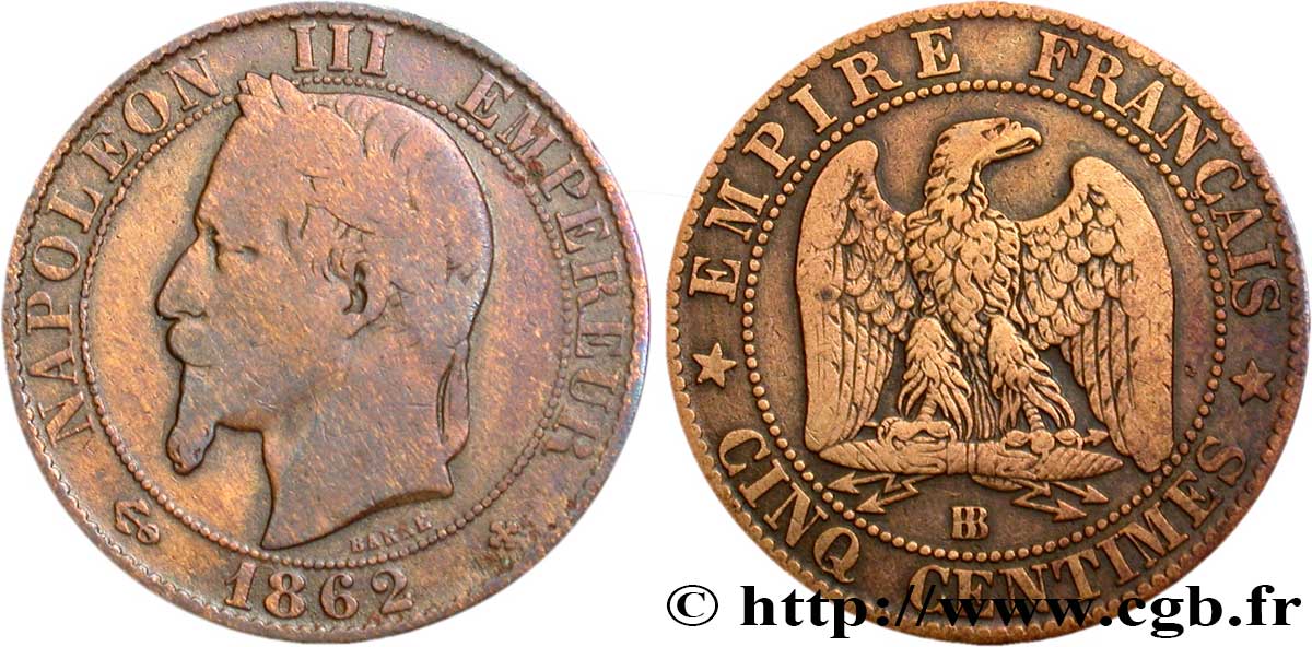 Cinq centimes Napoléon III, tête laurée 1862 Strasbourg F.117/8 F12 
