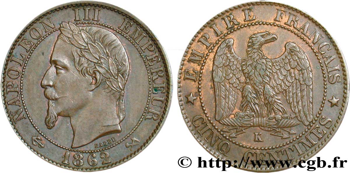 Cinq centimes Napoléon III, tête laurée 1862 Bordeaux F.117/9 EBC55 