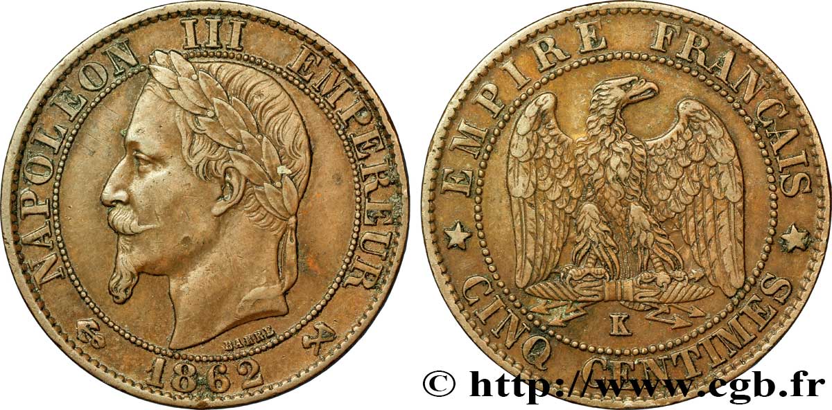 Cinq centimes Napoléon III, tête laurée 1862 Bordeaux F.117/9 XF48 